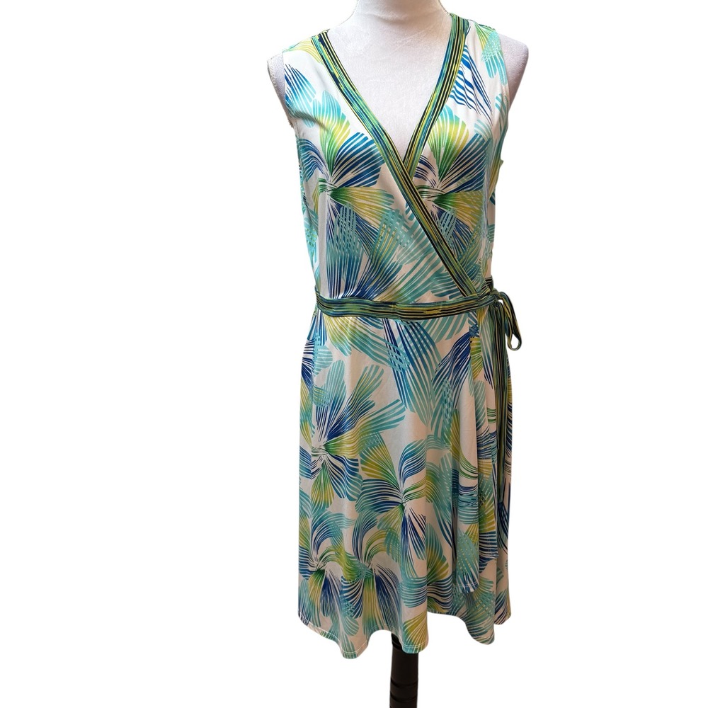 London Times Tropical Palm Leaf‎ Faux Wrap Dress Blue Green Sleeveless Size 12